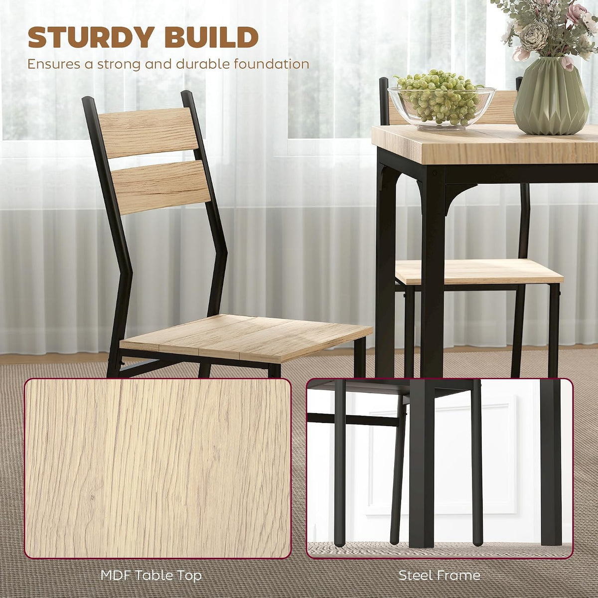 HOMCOM Dining Table Set for 2, Dining Room Set, 3 Piece, Light Wood Grain