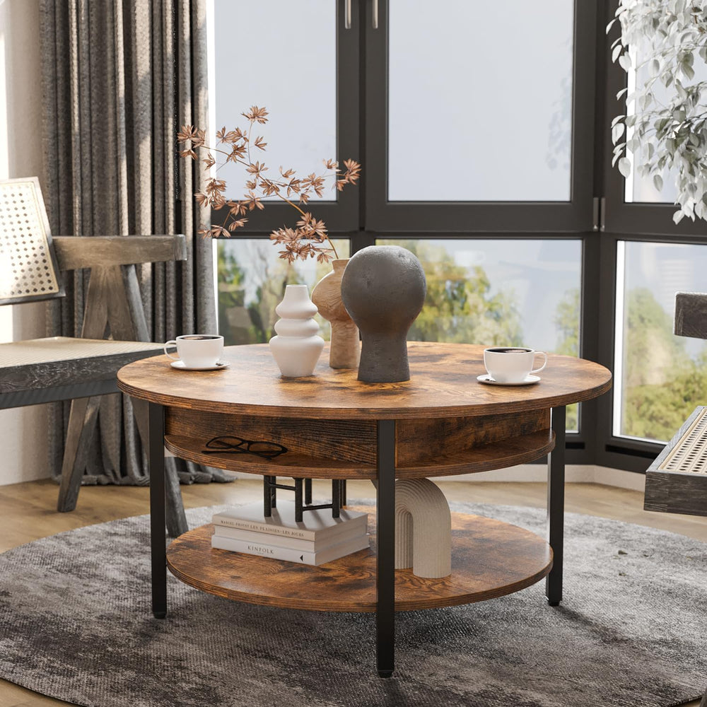 FABATO 26.77” Round Lift Top Coffee Table with Storage, Rustic Brown