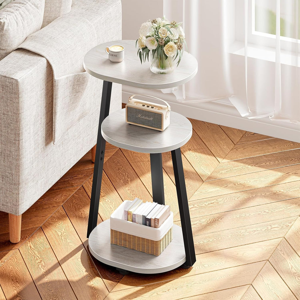 Kalrin Side Table, Small End Table with Metal Frame, 3-Tier Bedside Tables, Round Side Tables for Living Room Bedroom Couch Bathroom, Oval, White Maple