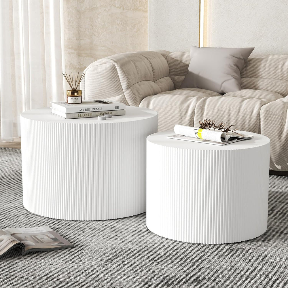 Nesting Coffee Table Set of 2, Round Wood Accent Table, White