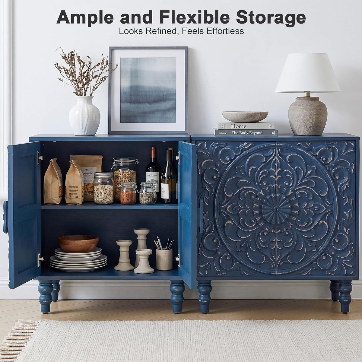 Blue Distressed Carved Accent Cabinet,2 Door Storage Sideboard for Entryway