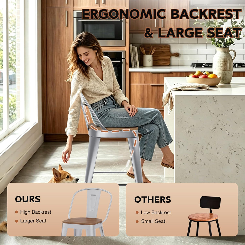 Bar Stools Set of 4, 30" Metal Bar Height Stools with Back Silver