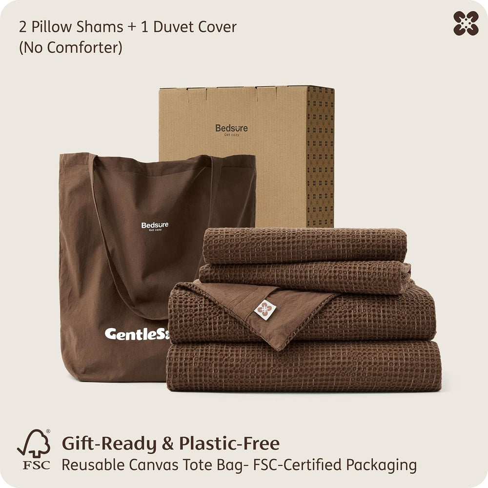 Bedsure PureWoven Space-Dyed Cotton Waffle Duvet Cover Set, King, Brown