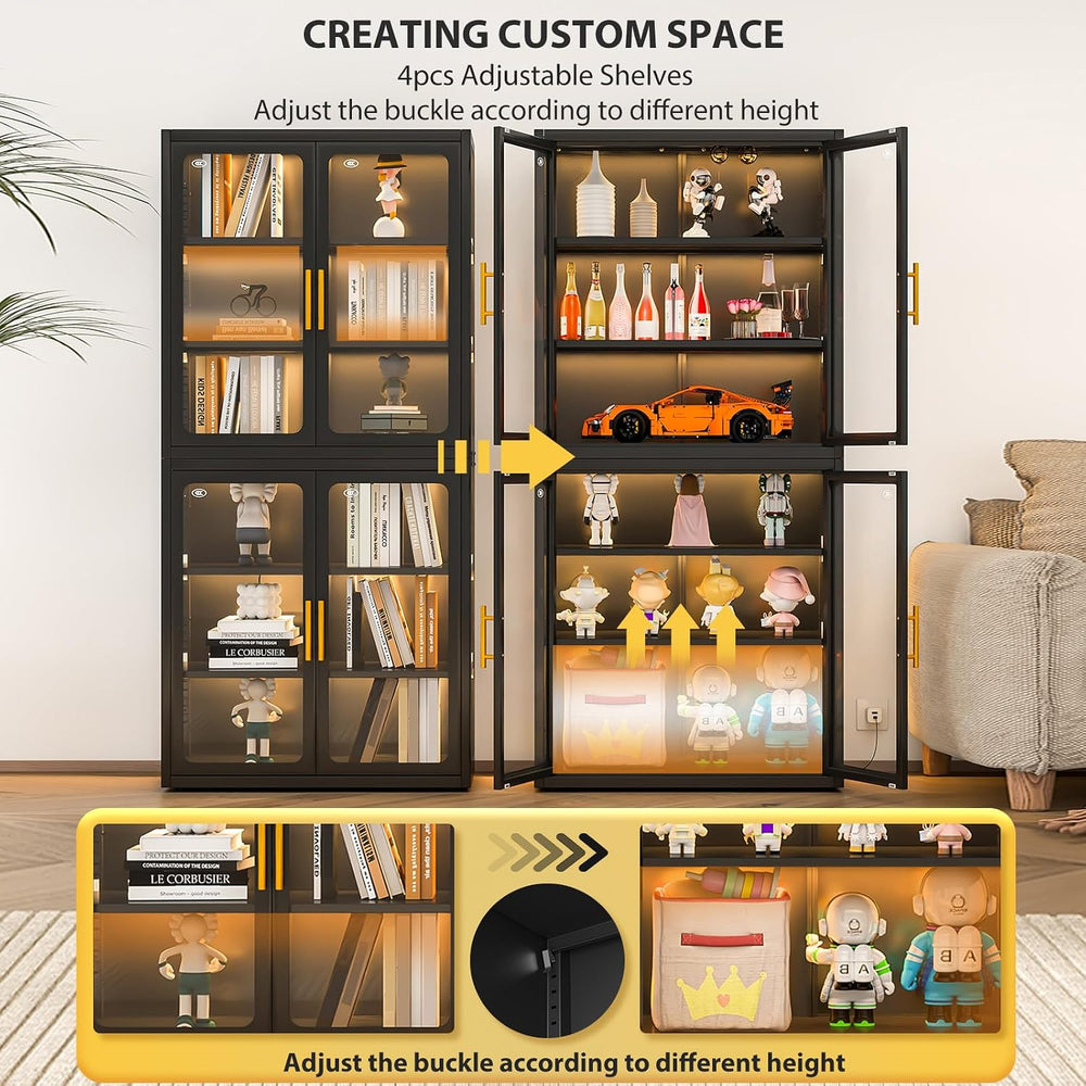 Display Cabinet with Glass Doors and Adjustable Shelves,67" Tall Bookcas...
