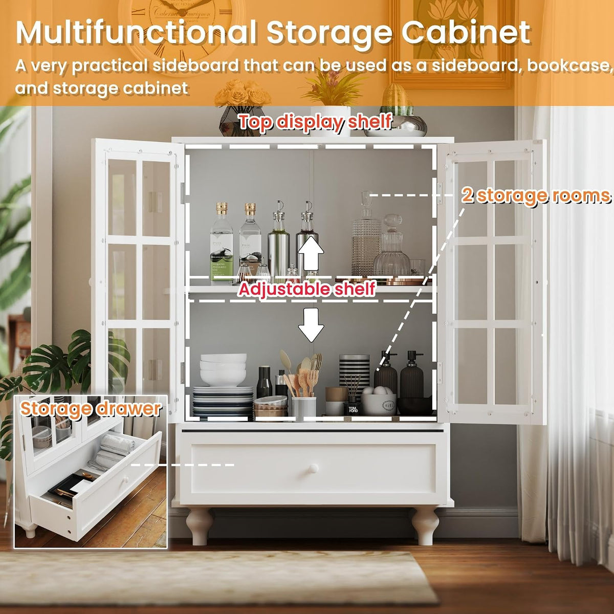 KEIKI Sideboard Buffet Cabinet with Glass Doors and Drawer, Wooden Storage Cabinet with Adjustable Shelf Modern Display Cabinet Cupboard for Living Room, Dining Room, Kitchen, Hallway, White