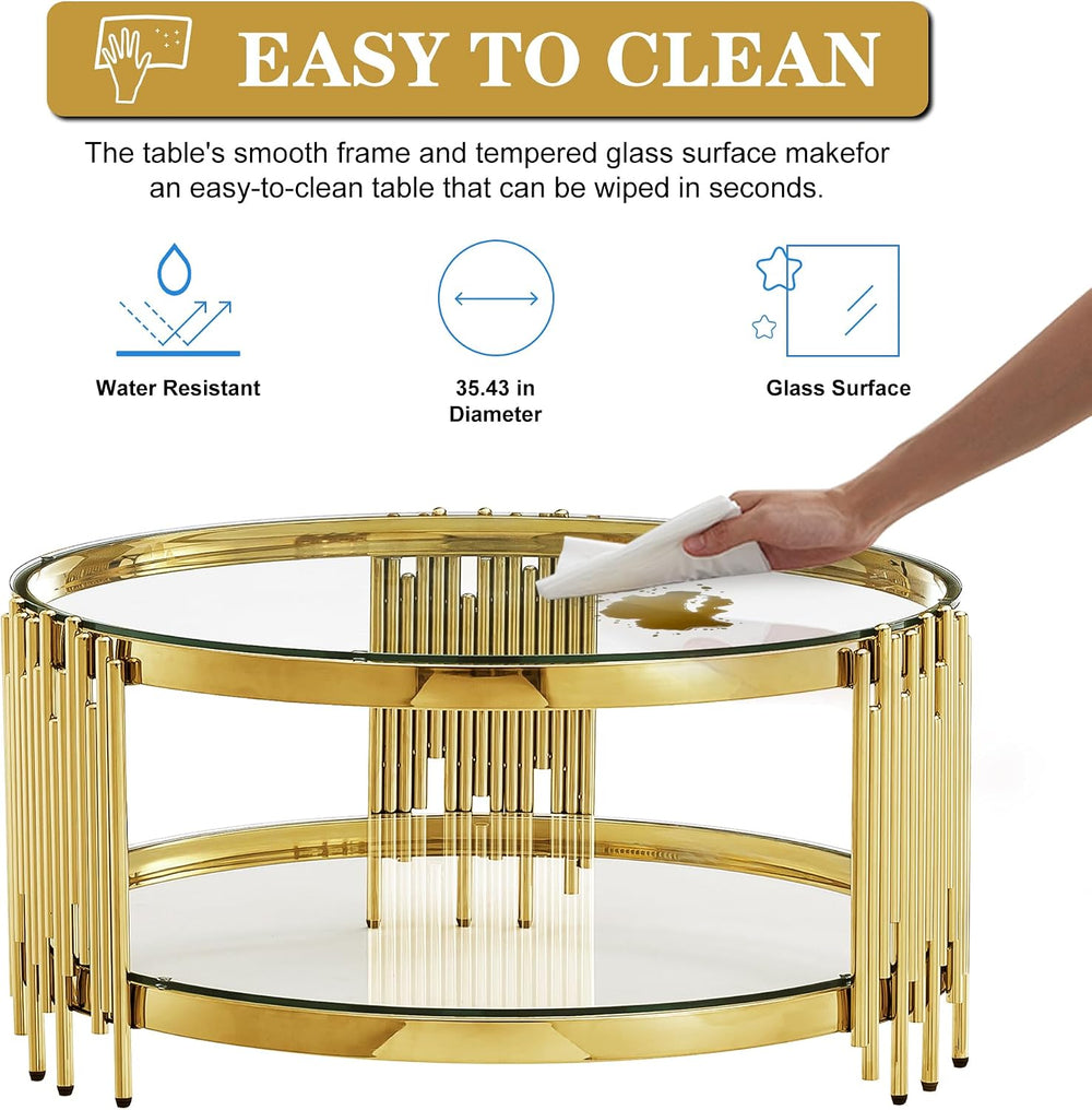 Round Glass Coffee Table Set of 3, Gold and Clear Modern Living Room Table Se...