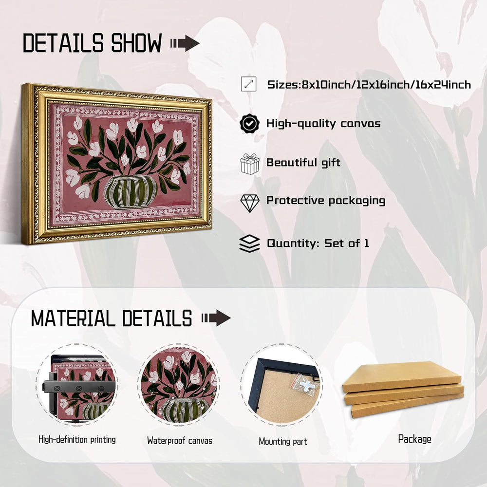Gold Framed Vintage Floral Wall Art, Retro Vase White Flower Print, 16x24in