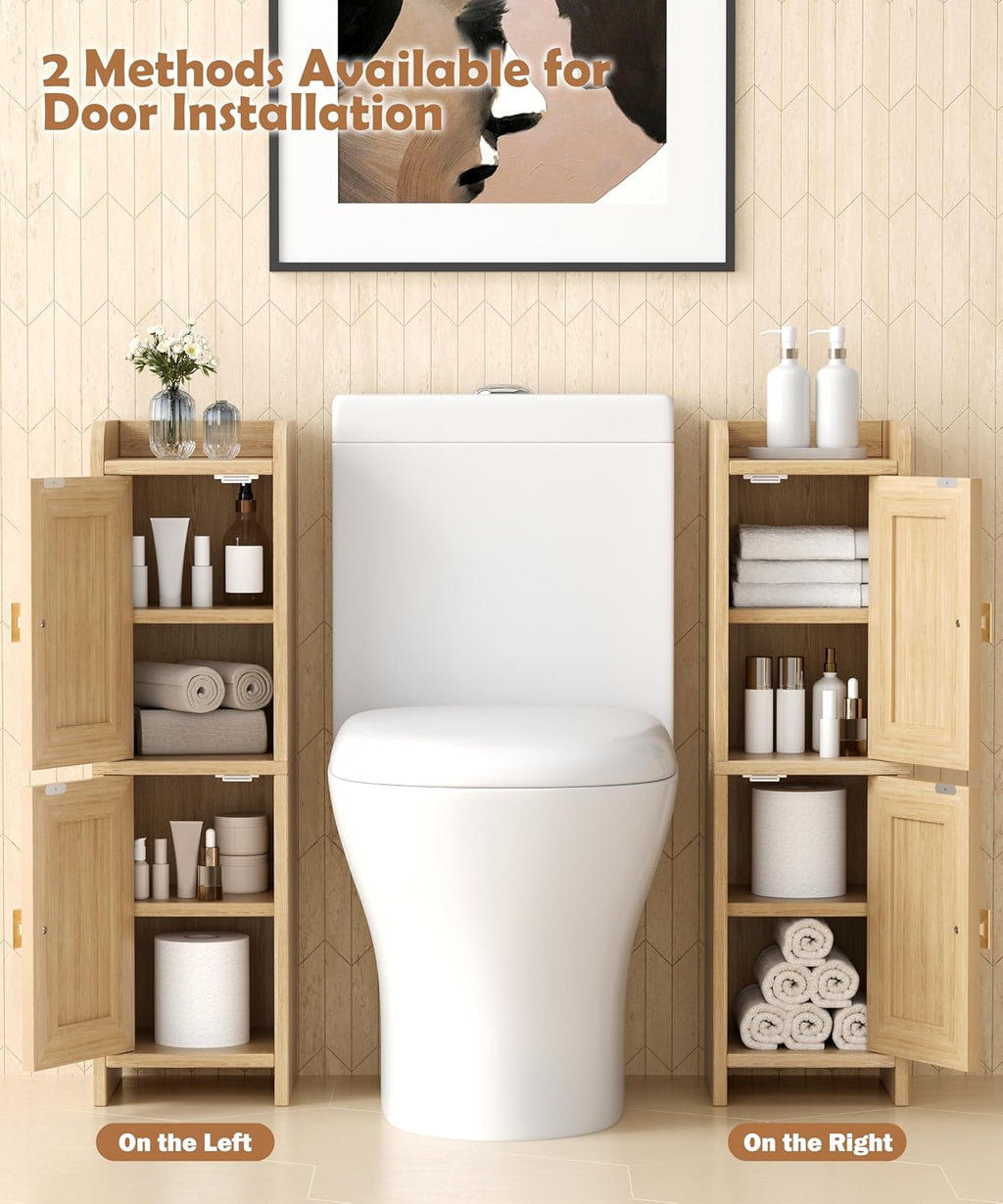 Akxomel Rattan Small Bathroom Cabinet Narrow Toilet Paper Organizer Oak