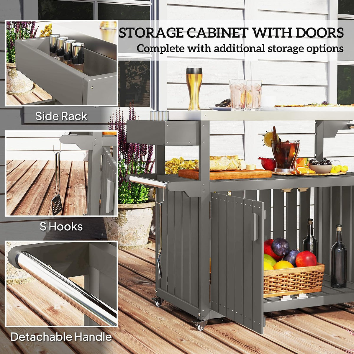 Outsunny Outdoor Bar Cart with Storage Cabinet Kitchen Island Dark Gray