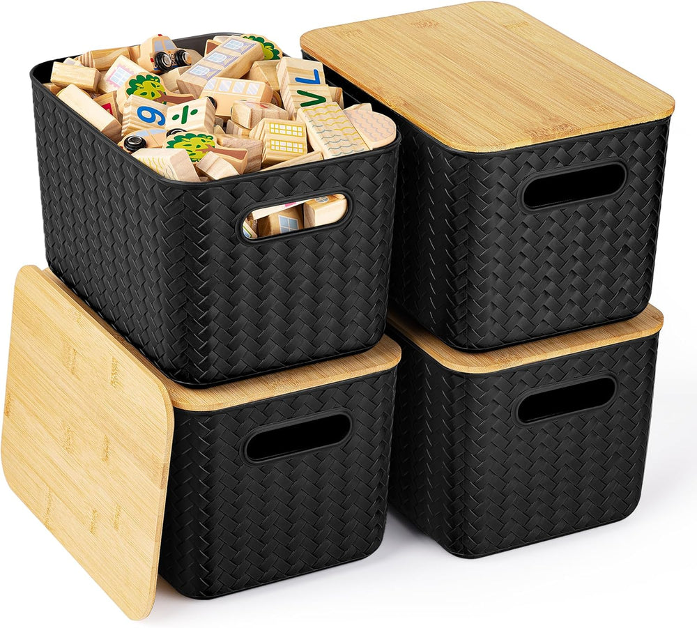 Ohmlove 4 Pack Storage Bins with Bamboo Lids,Stackable Box for Organization