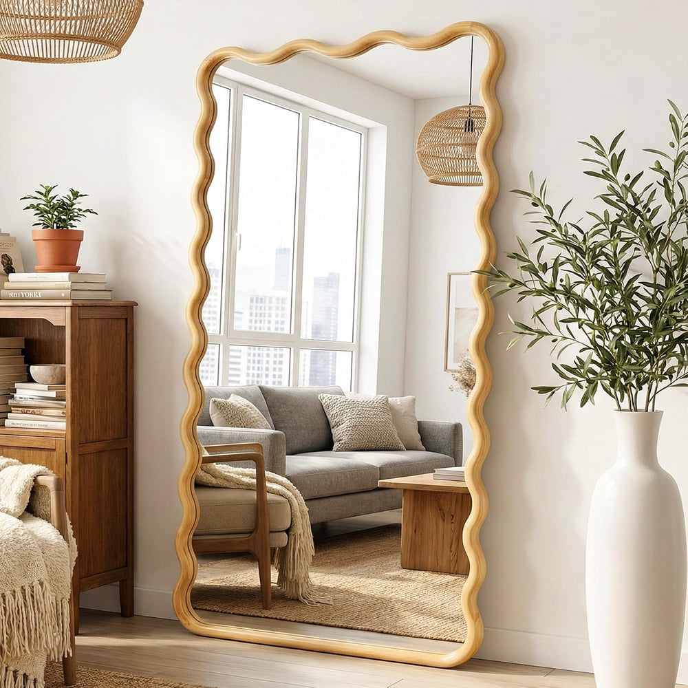 TRAHOME Wavy Wood Full Length Mirror, 55"x28" Boho Floor Mirror for...
