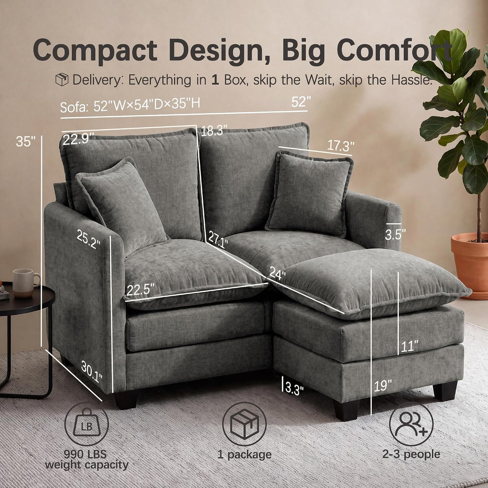 52" Loveseat Sofa, L-Shaped Cloud Love Seat Couches with Ottoman