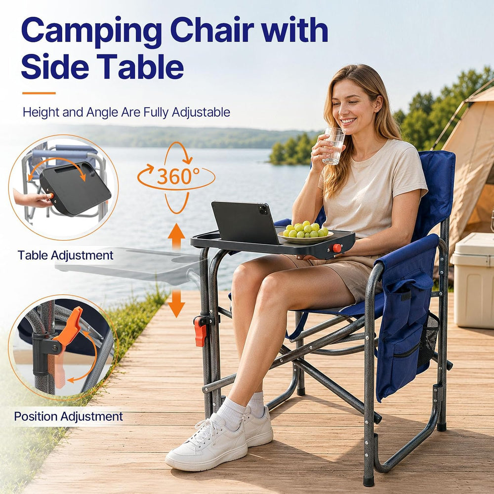 Suteck Camping Directors Chair with Side Table, Folding Chairs, Blue