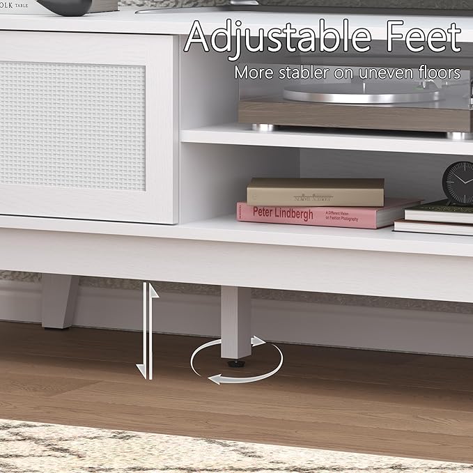 Boho TV Stand for 55 65 Inch TV, Rattan Entertainment Center with Shelves, Cabinets and Sliding Doors, TV Media Console Table with Solid Wood Feet & Cord Holes for Living Room, Bedroom, White