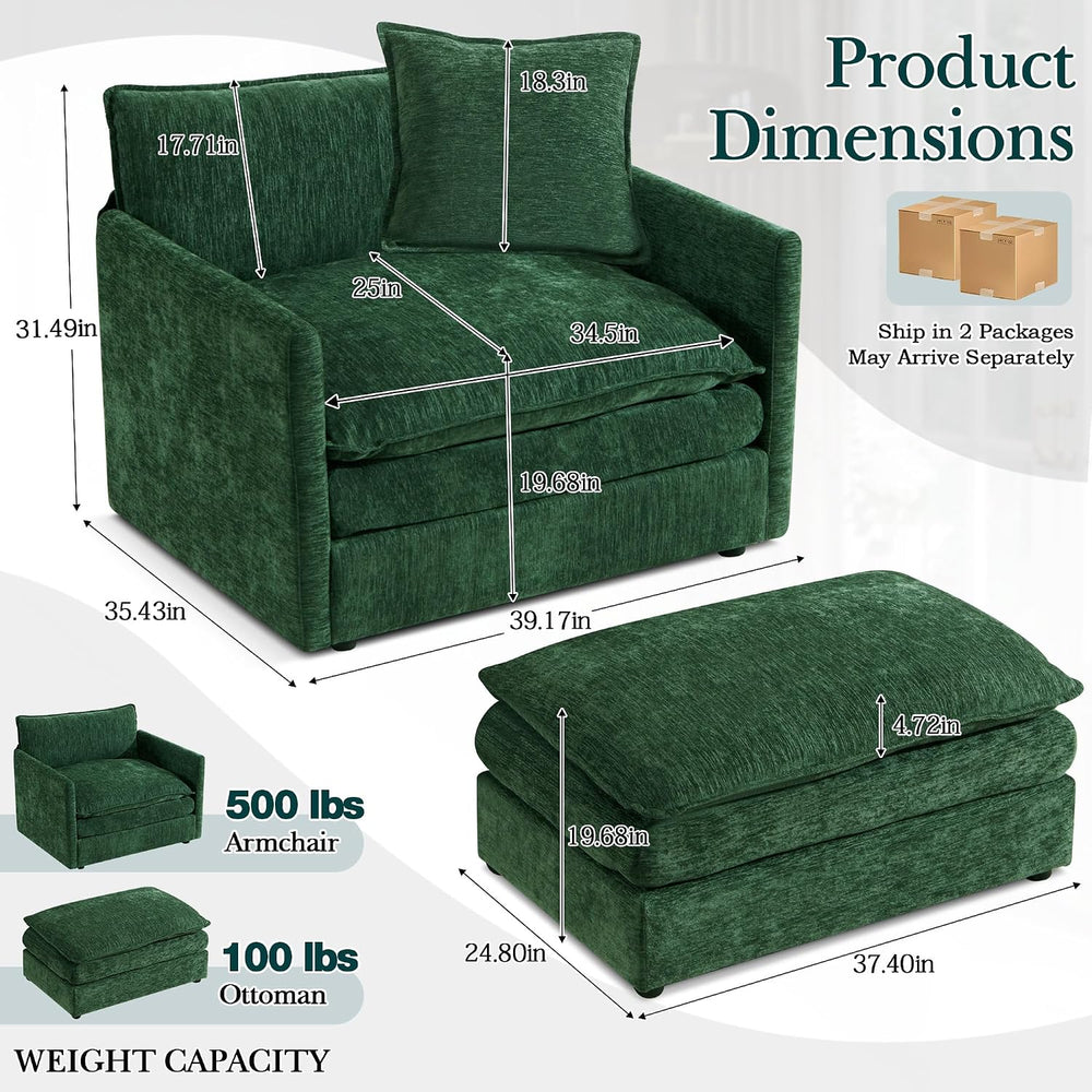 SLEERWAY Oversized Chair with Ottoman Set, Modern Comfy Living Room Chenille ...