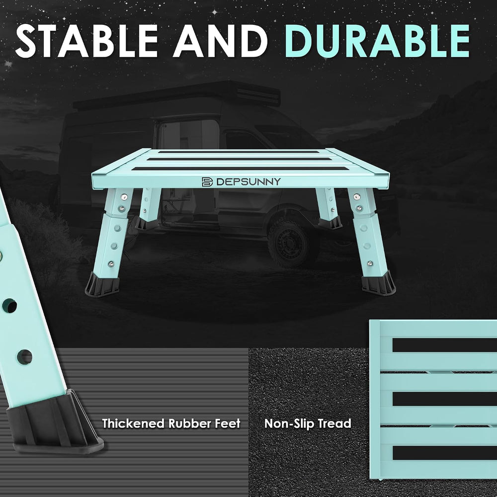 Adjustable RV Step Stool, Wide Platform, Foldable Legs, Green
