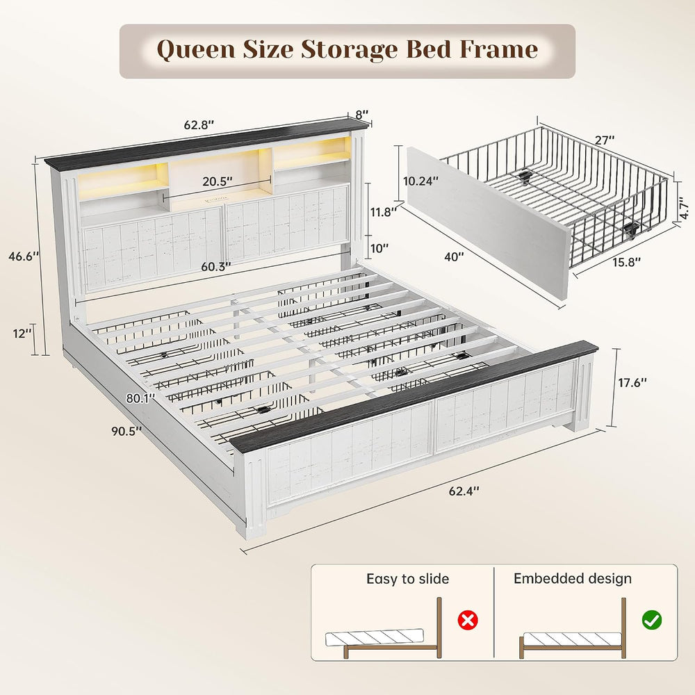 EnHomee Queen Bed Frame with Headboard and Storage,4 Drawers,White