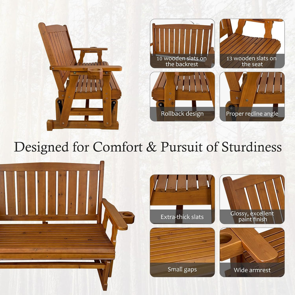 Fortune Candy Wooden Patio Glider, Slat Back, Cedar Tone, 2-Seater