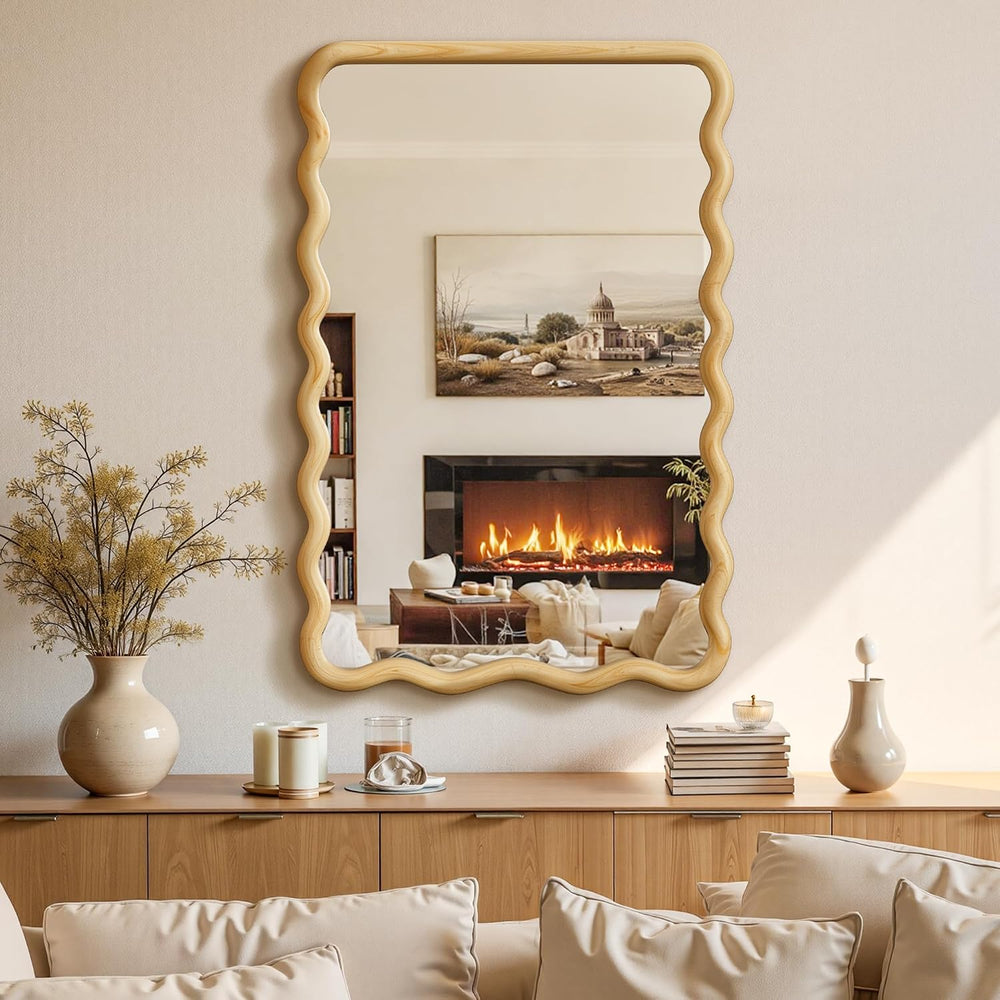 Wavy Wood Bathroom Vanity Mirror, 20"x30" Boho Decorative Wall Mirror