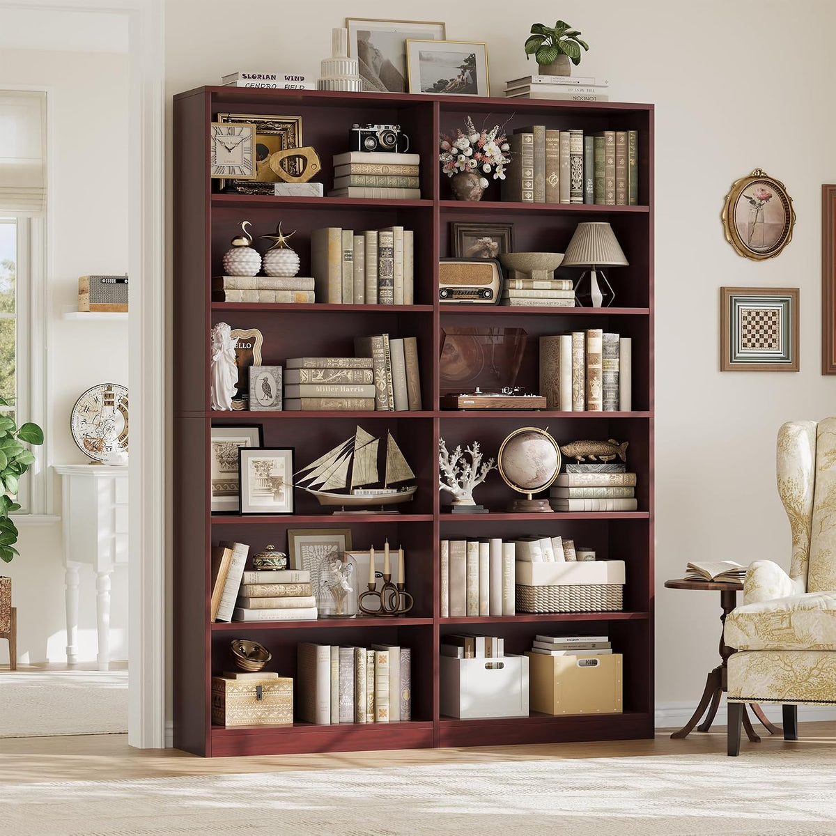 facbotall bookshelf and bookcase, 6-tier double wide bookshelves,freestanding shown in use