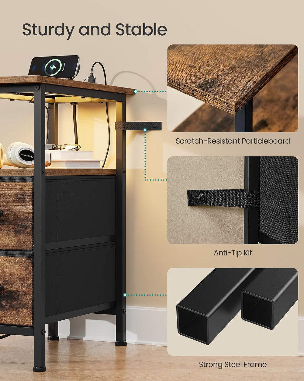 SONGMICS Side Table with LED Light, Narrow End Table with 2 Fabric Drawers