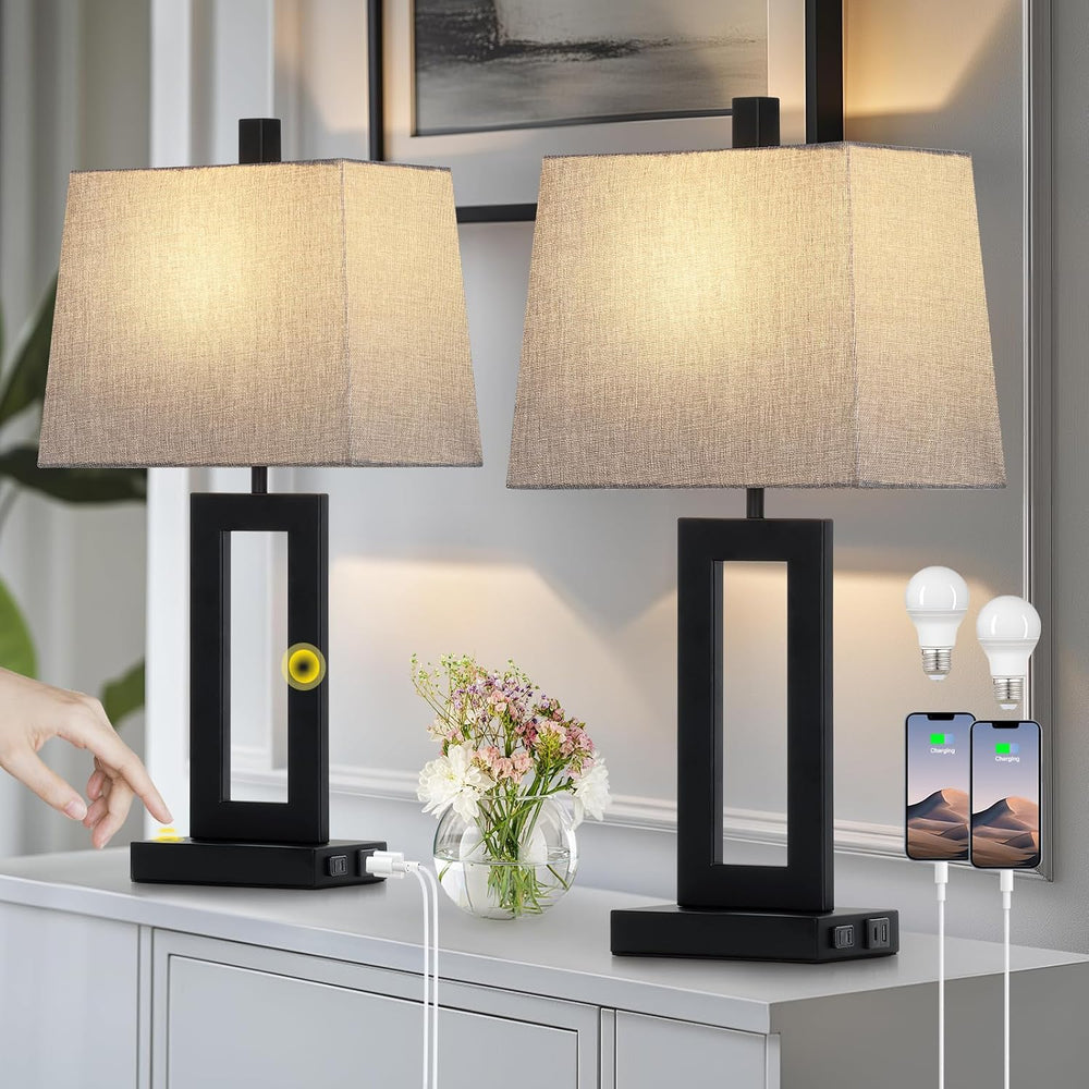 Cinkeda Bedside Table Lamp Set of 2,Nightstand Touch Lamps with USB Port