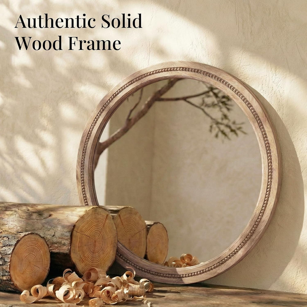 Solid Wood 36 Inch Round Beaded Wall Decor Mirror, Natural Wood