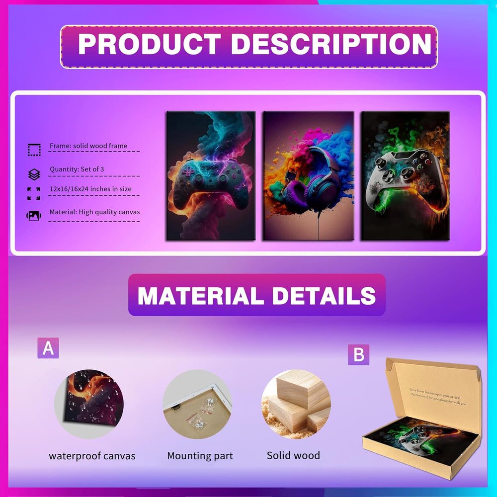 BGFCE Gaming Room Decor Canvas Wall Art Set of 3 - Cool Video Gaming Theme Wa...