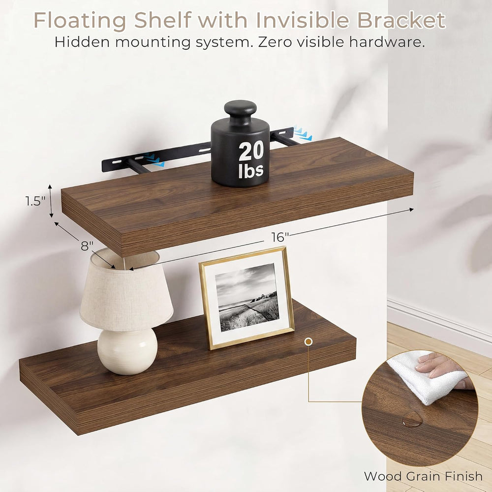 Vivelove Walnut Floating Shelves 8 Inch Deep, 16 x 8, Set of 2