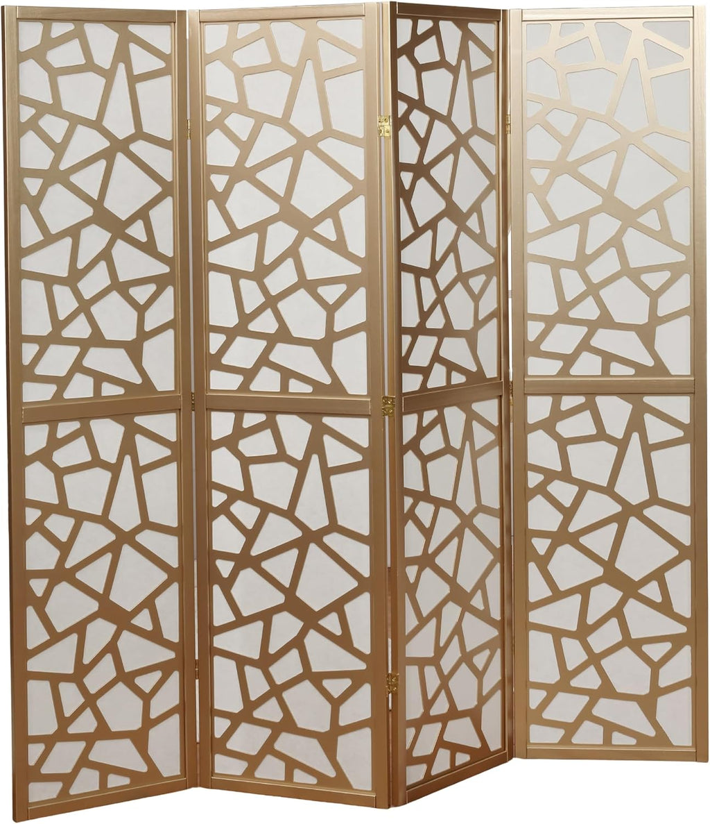 Roundhill Furniture Giyano 4 Panel Screen Room Divider, White Screen with Gold Frame
