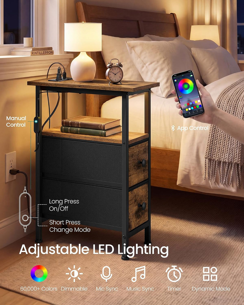 SONGMICS Side Table with LED Light, Narrow End Table with 2 Fabric Drawers