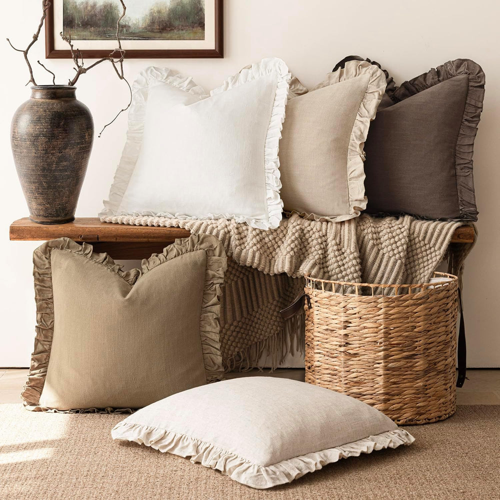 Foindtower Linen Fringe Ruffle Throw Decorative Pillow Covers 22×22 White