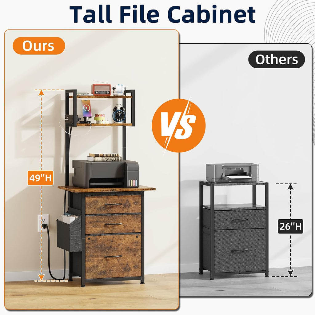 HIGDBFE 3 Drawer File Cabinet with Charging Station, 49''H Tall, 3-Tier Small Filing Cabinet for Home Office, 20''*15'' for Small Printer, Fabric Drawer, Printer Stand, Rustic Brown