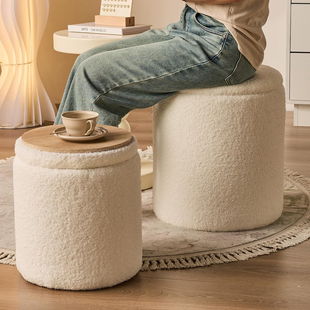BLEXA Set of 2 Round Storage Ottoman, White Sherpa Ottoman with Storage