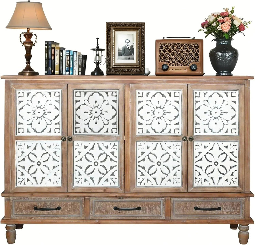 LKTART 59" Solid Wood Sideboard Buffet Carved Storage Cabinet with Drawers