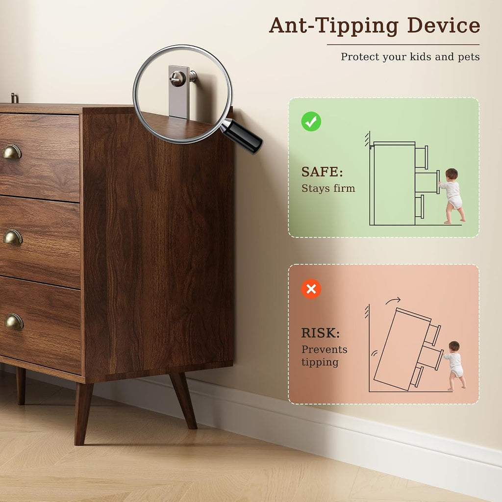 Walnut 6 Drawer Dresser for Bedroom, 47" Wood Dresser with Gold Handles.