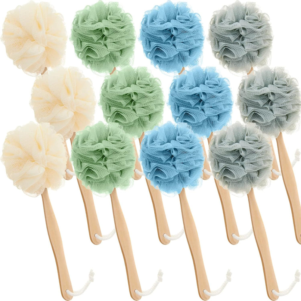 12 Pack Loofah with Long Handle, Back Scrubber for Shower,Dark Colors
