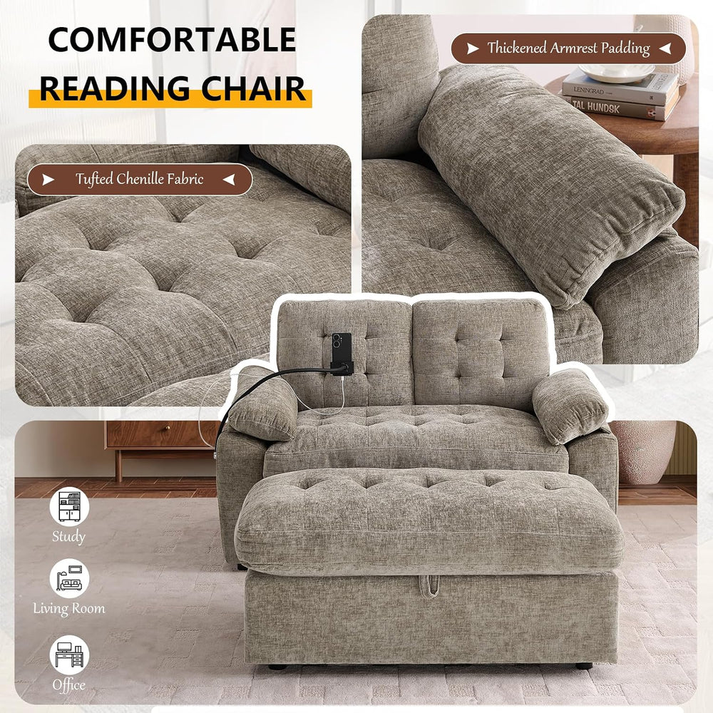 56” Chaise Lounge Chair with Ottoman, Oversized Loveseat Reading Accent Comfy...