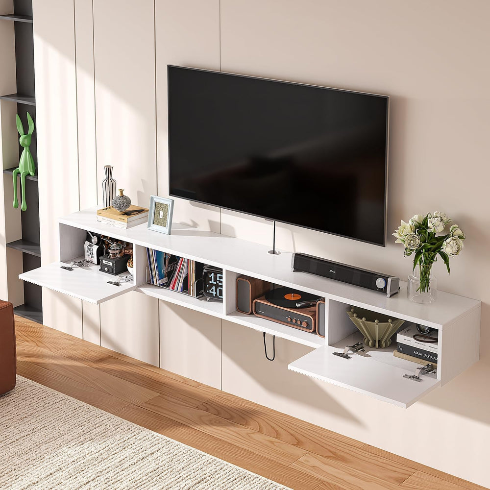 Plywood Floating TV Stand with Fluted Doors,White,55 inch