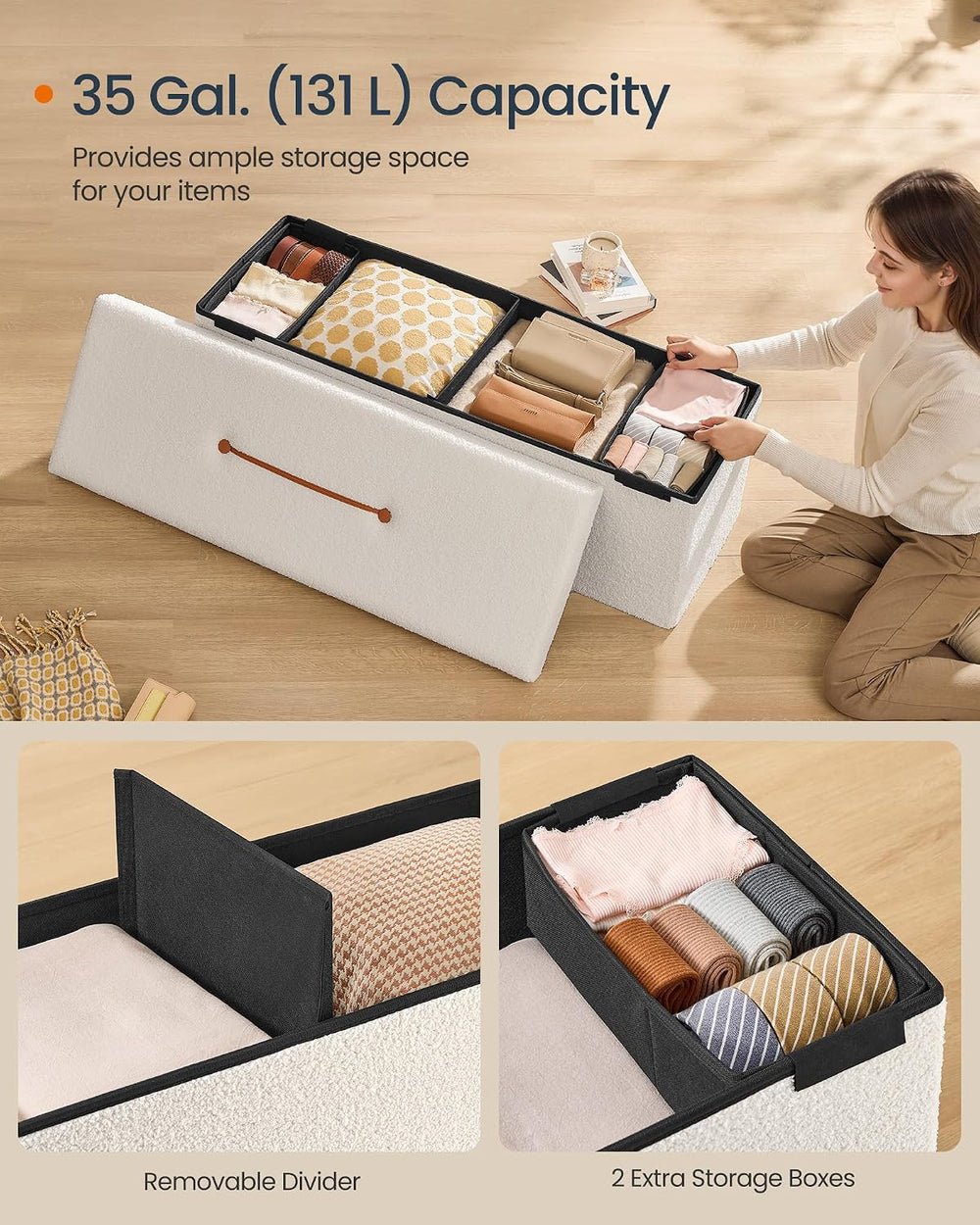 SONGMICS Large Folding Storage Ottoman Bench, 15 x 43 x 15 Inches