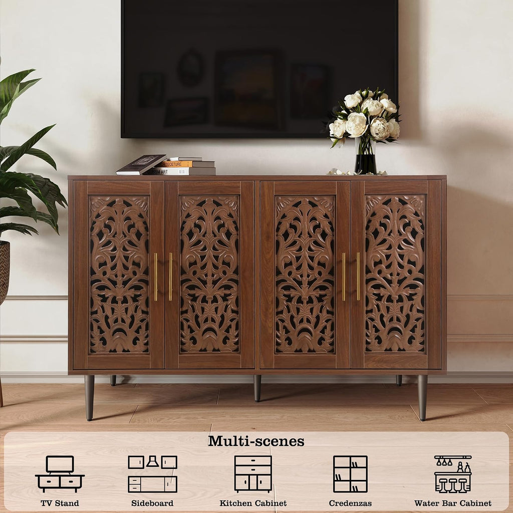 ARTPOWER 47.8" Vintage Accent Cabinet with 4 Hollow Carving Doors, Walnut