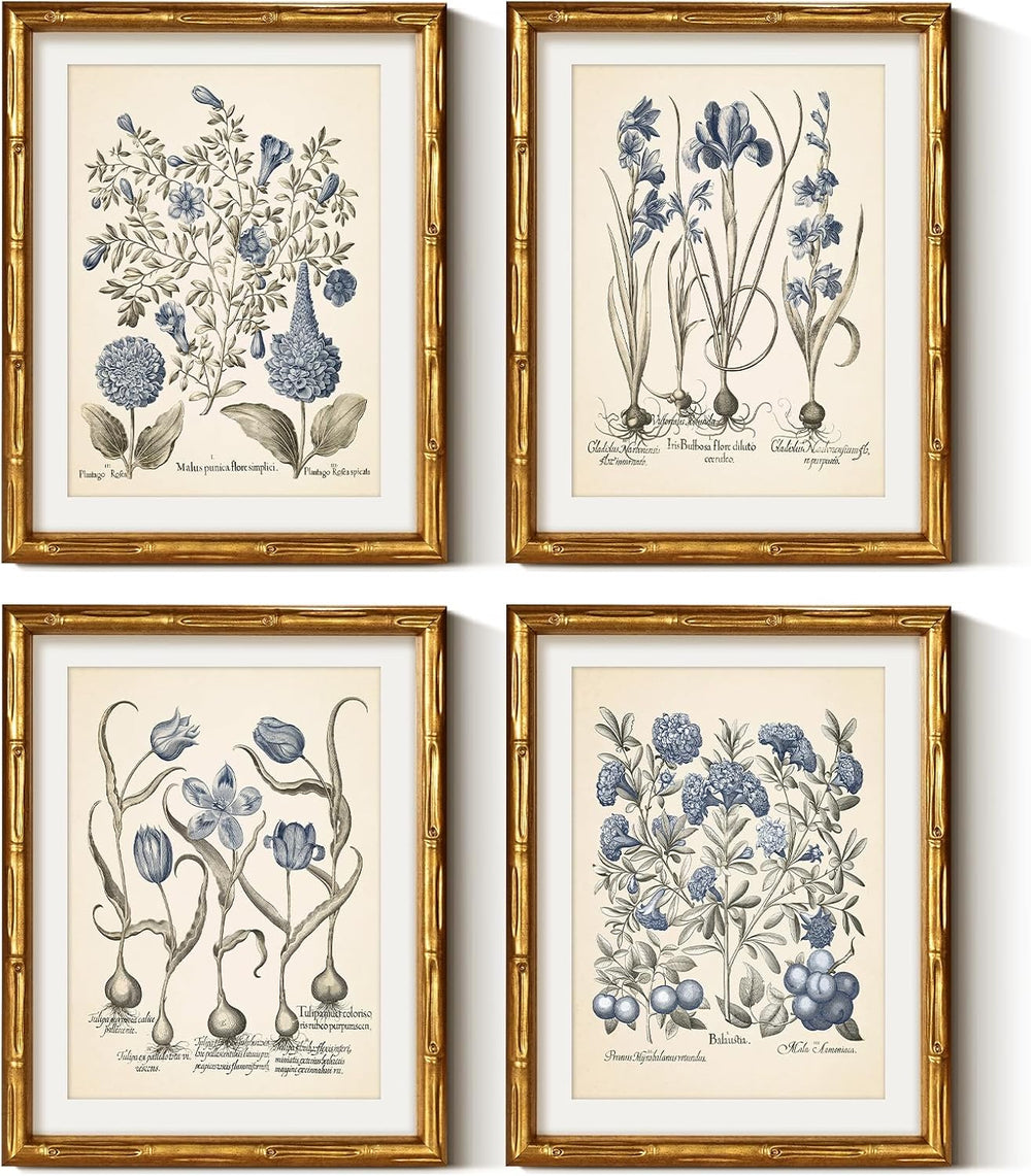 ARPEOTCY Bamboo Framed Botanical Wall Art, 4 Pcs Blue Hydrangea, 11x14inch