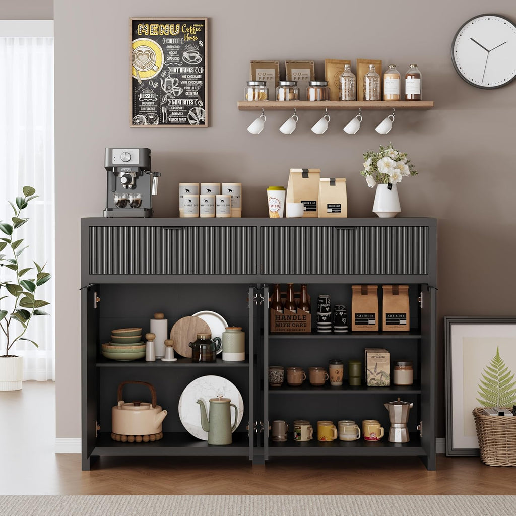 55 Inch Modern Fluted Sideboard Buffet Cabinet with Storage, Black
