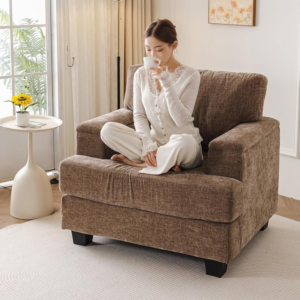 Rexulqo Oversized Accent Chair with Armrest Organizer,Chenille,Brown