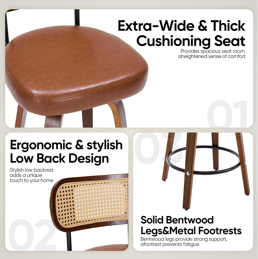 Rattan Bar Stools Set of 2,Upholstered PU Leather, 30''Counter Height Barstools with Back and Wood Legs,360°Swivel,Mid-Century Modern Bar Stool for kitchen Island Dining Room and Bar(Vintage Brown)