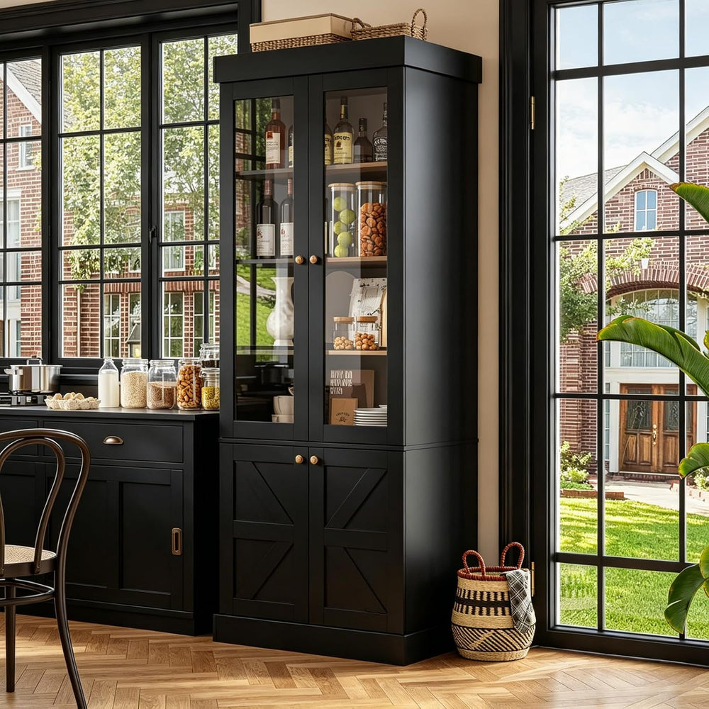 Vyre 71" Tall Farmhouse Kitchen Pantry, Large Storage Cabinets with Glas...