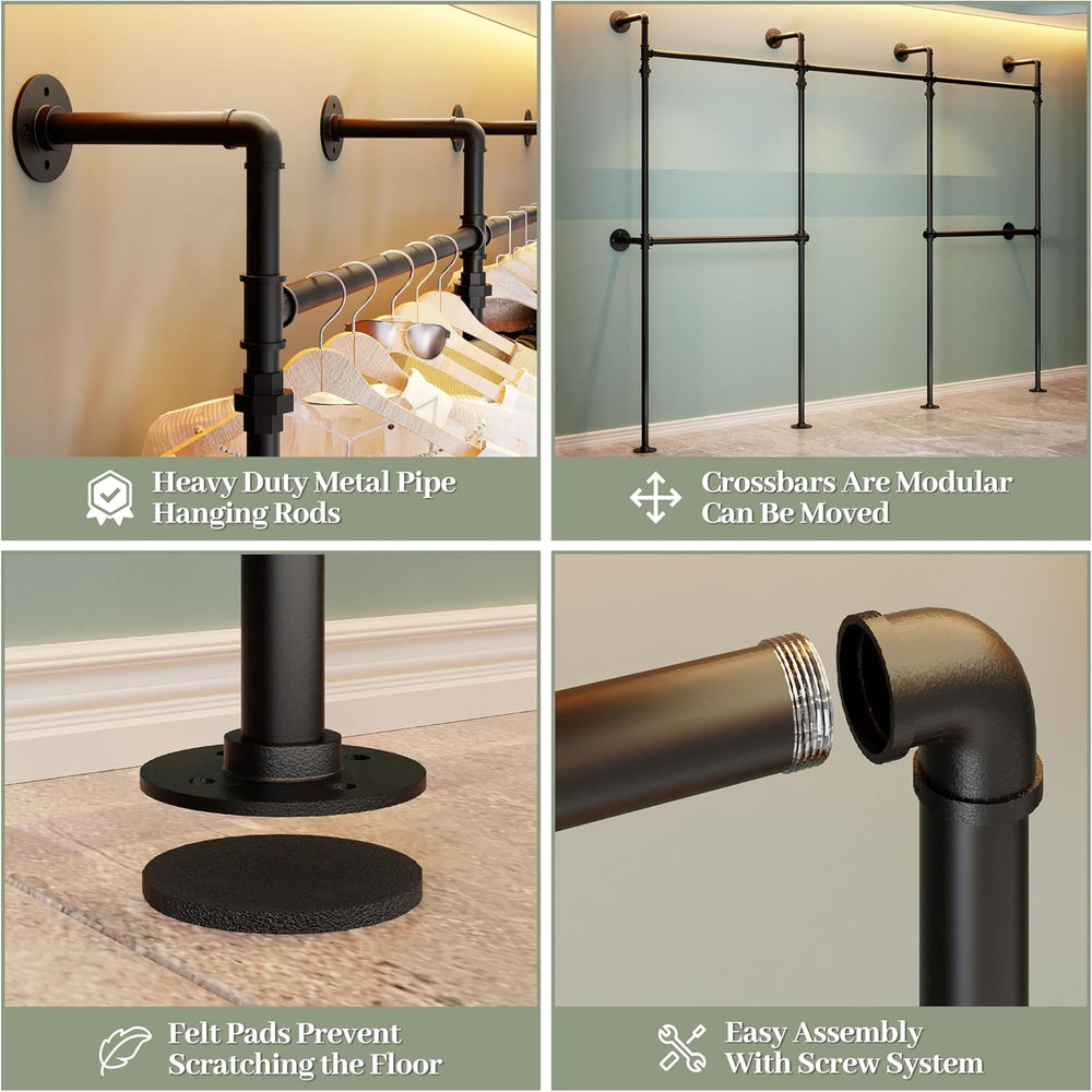 Industrial Pipe Garment Rack 106.3" L-Shaped Wall-Mounted Closet System