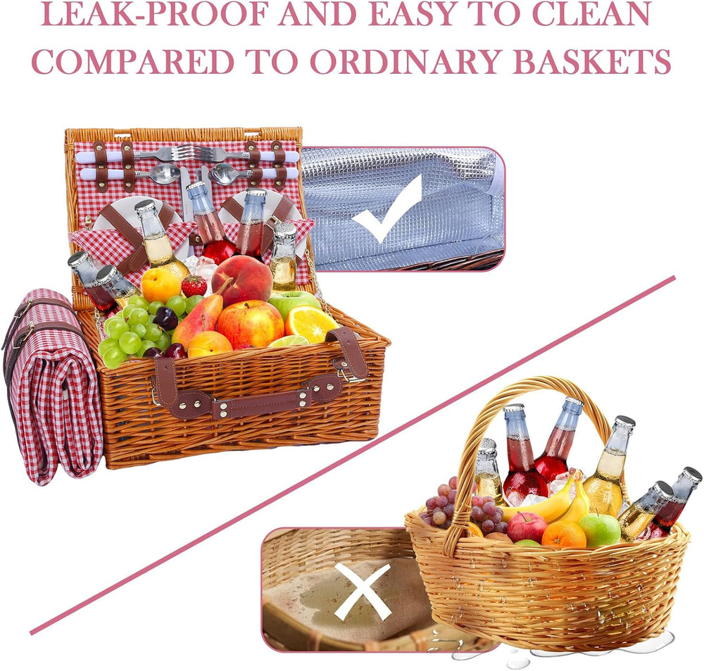 Neti Neti Wicker Picnic Basket for 4, Insulated Set with Blanket
