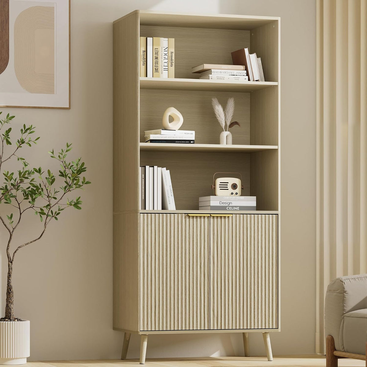 LYNSOM Beige Bookshelf, 70.9" Tall Book Shelf, 5-Tier Bookcase with Fluted Doors and Adjustable Shelves, Wooden Storage Cabinet for Living Room, Office and Kitchen(Beige, 1PC)