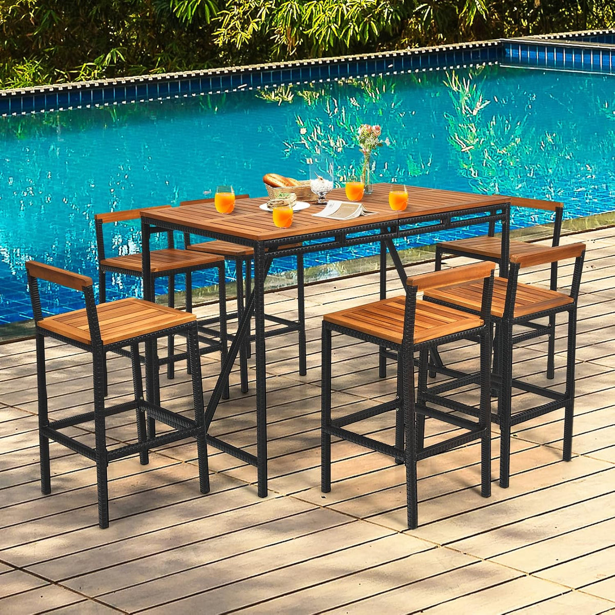 Tangkula 7-Piece Acacia Wood Bar Set with Patiojoy Outdoor Rattan High-Dining 6 Bar Stools and 1 Rectangular Table with Umbrella Hole - Outdoor Conversation Set for Patio, Backyard, Garden